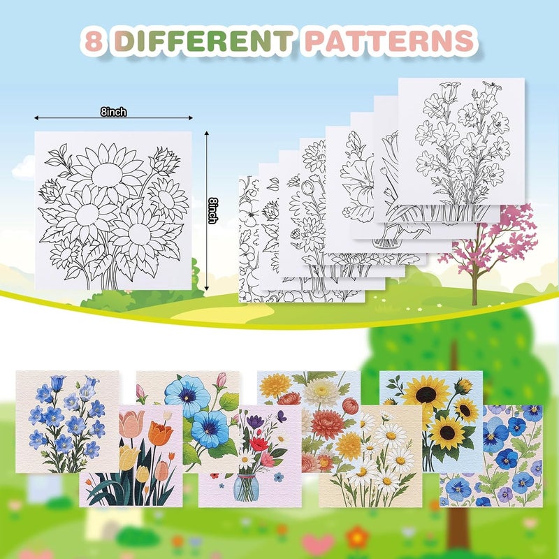 Zynlio 8 Packs 8 * 8in Floral Pre Drawn Canvas to Paint,Pre Printed Canvas for Adults, Painting Boards for Beginners, Students, Party Favor (Floral) - Image 2